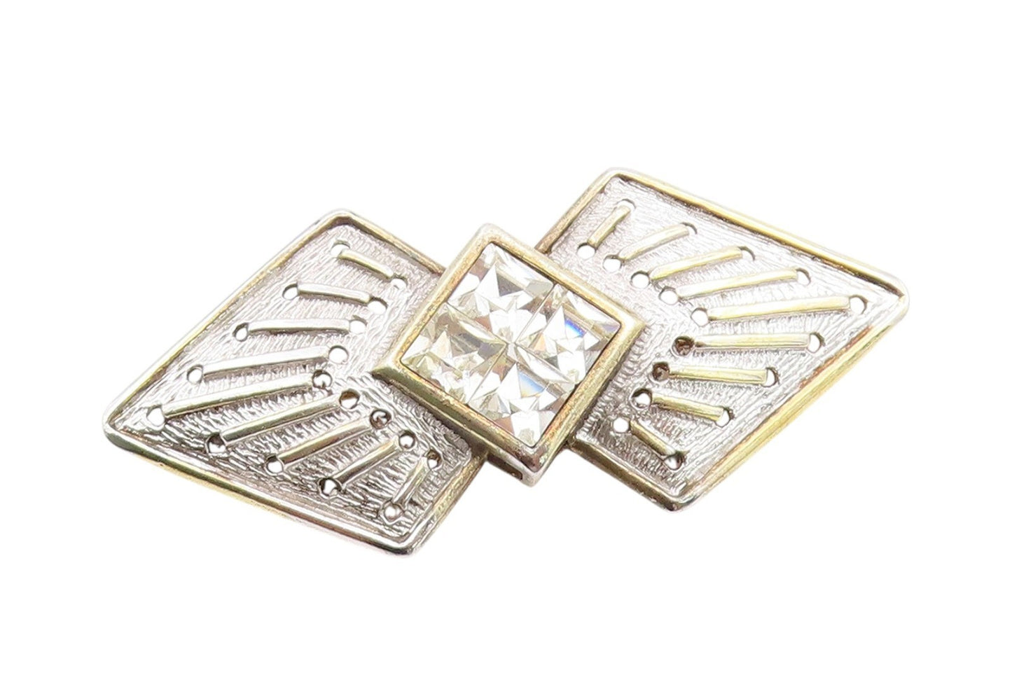 925 Sterling Silver Vintage Brooch PIEFFE Gold Plated CZ Geometric Pin  BP11775