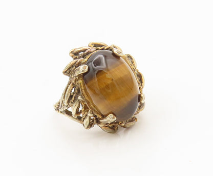 925 Silver  Vintage Gold Plated Swirly Carved Tiger's Eye Ring Sz 9.5  RG27108