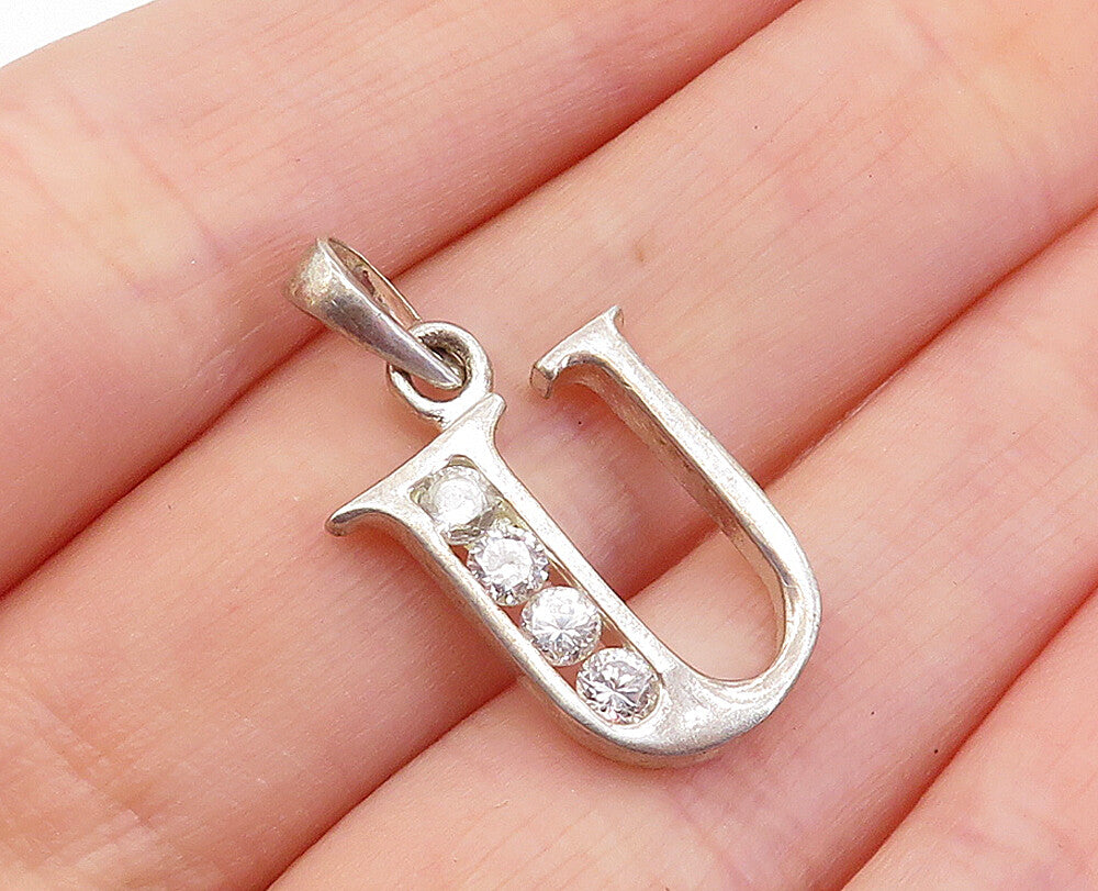 925 Sterling Silver  Vintage Topaz U Initial Shiny 3 Stone Pendant  PT2543