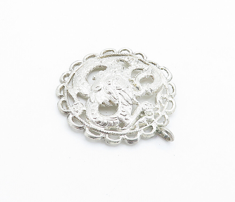 925 Sterling Silver  Vintage Shiny Floral Etched Wavy Border Pendant  PT4047