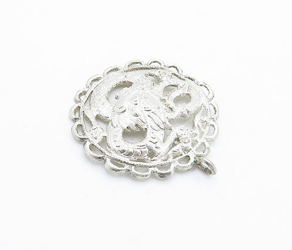925 Sterling Silver  Vintage Shiny Floral Etched Wavy Border Pendant  PT4047