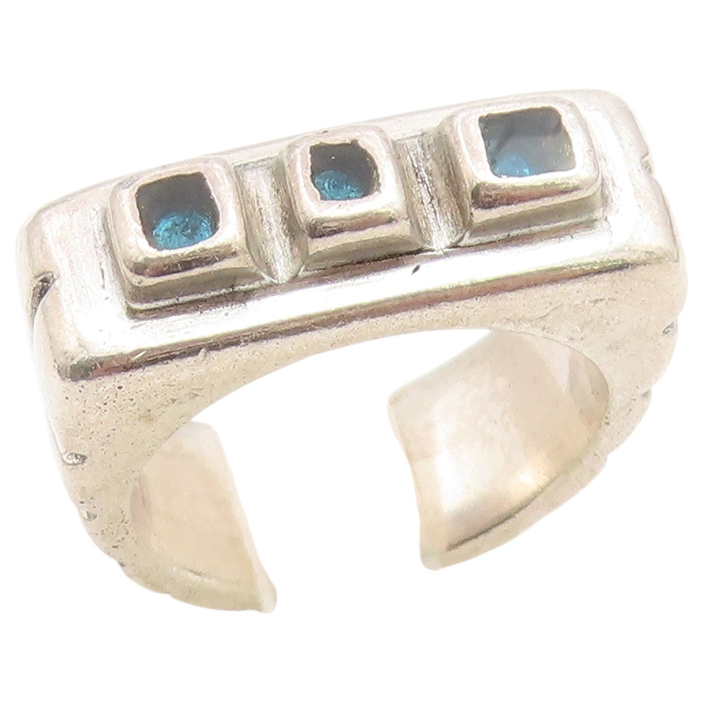 925 Sterling Silver Vintage Ring Blue Topaz Solid Geometric Band Sz 6.5 RG36916