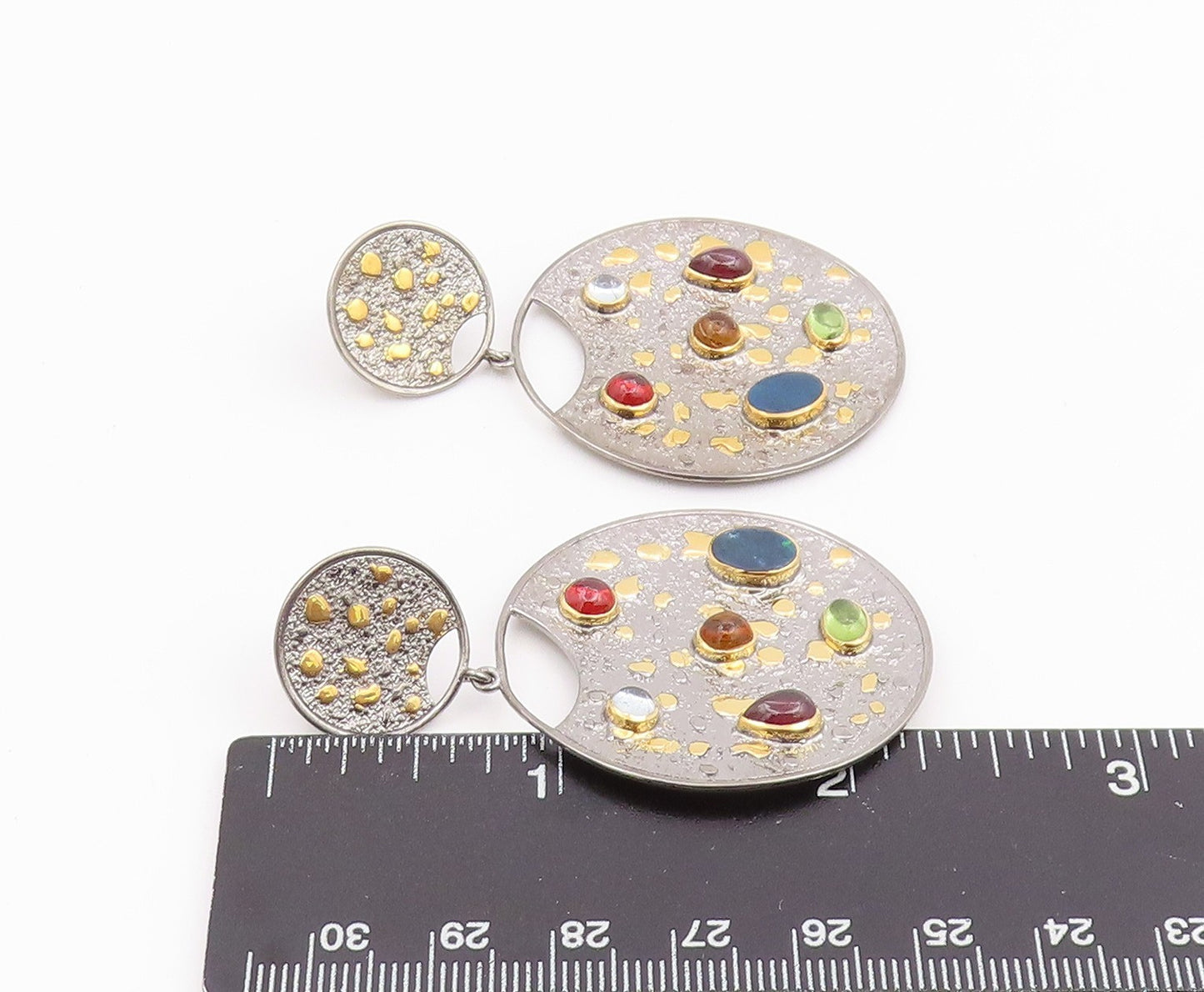 14k Gold & 925 Sterling Silver Vintage Earrings Real Gemstone Discs  EG14226