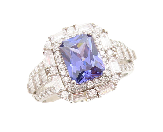 925 Sterling Silver Vintage Ring Rectangle Sapphire Halo CZ Inlay  Sz 7  RG30745