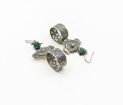 925 Sterling Silver  Vintage Malachite Traditional Face Dangle Earrings EG4648