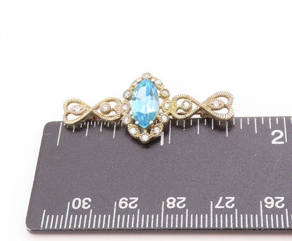 925 Sterling Silver Vintage Brooch Marquise Cut Blue Topaz & Halo CZ Pin BP11944