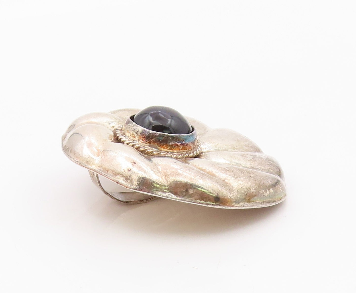 MEXICO 925 Sterling Silver  Vintage Black Onyx Fluted Round Pendant  PT6503