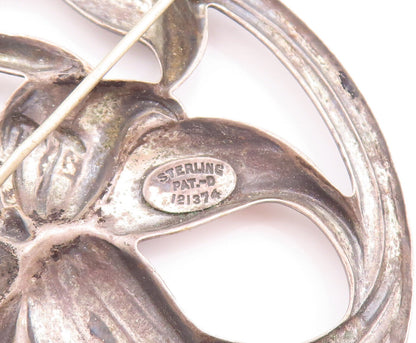 925 Sterling Silver Vintage Brooch Pin Antique Carved Framed Flower  BP10824
