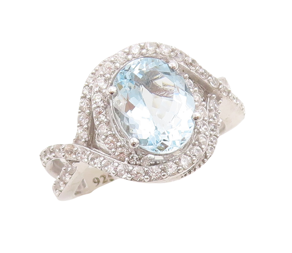 925 Sterling Silver Vintage Ring Designer Oval Blue Halo White CZ  Sz 8  RG30621