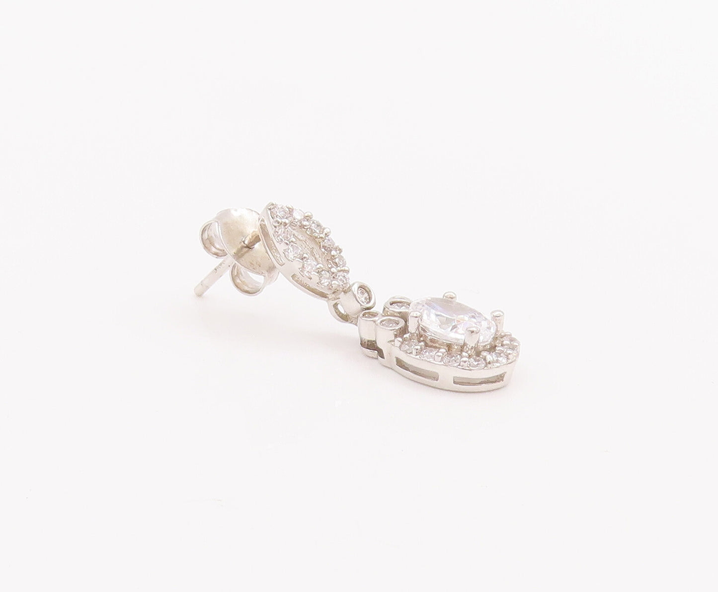 925 Sterling Silver Vintage Earrings Carved Eye Shape & Dangling Oval CZ EG13006