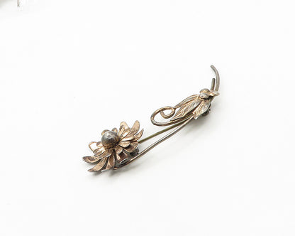 925 Sterling Silver  Vintage Shiny Dark Tone Flower Swirl Brooch Pin  BP7701