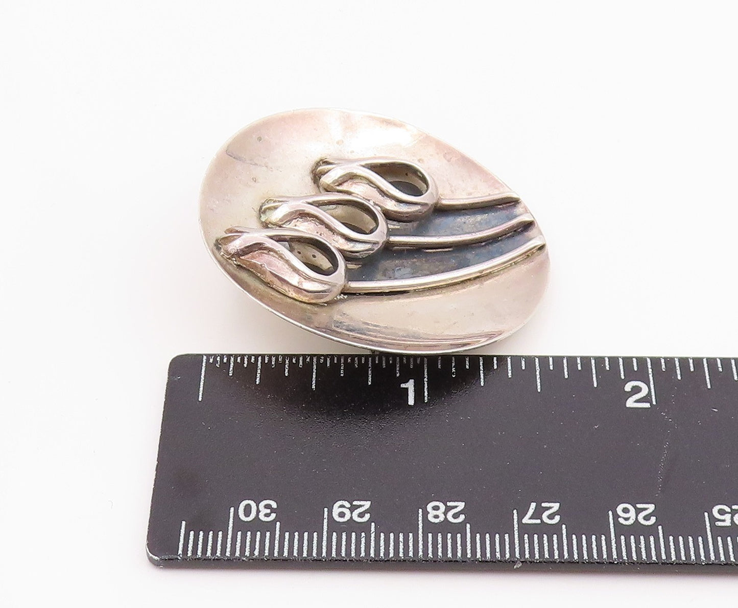 925 Sterling Silver Vintage Brooch Pin Classic Round Triple Tulip Motif  BP12452