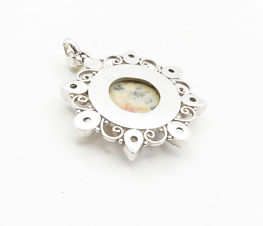 925 Sterling Silver  Vintage Agate Moonstone & Pearls Floral Pendant  PT6457