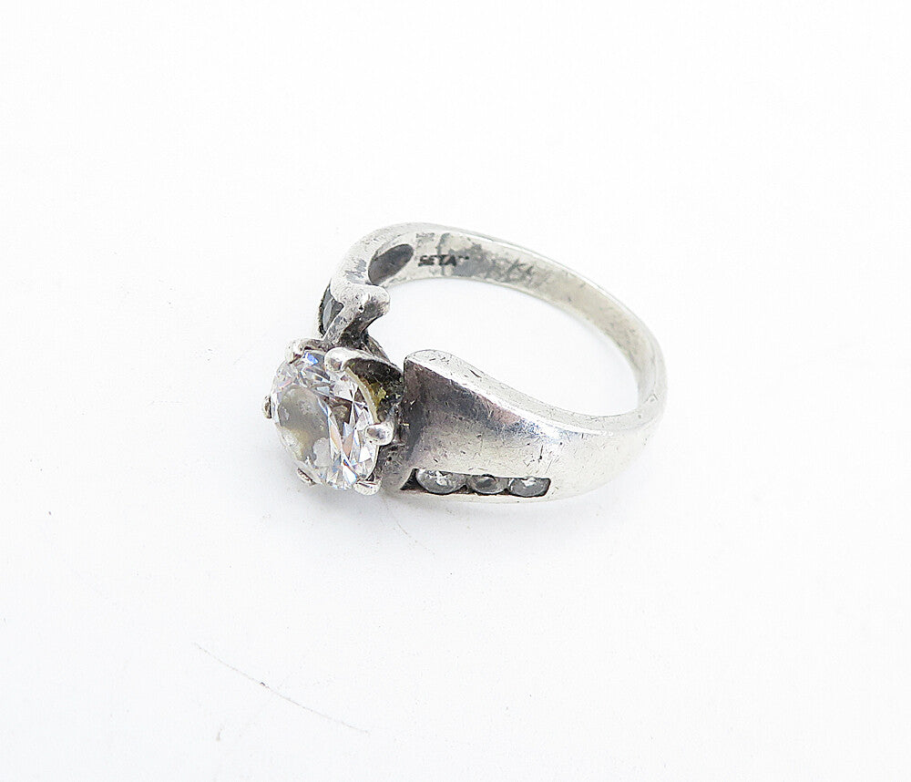 SETA 925 Silver  Vintage Cubic Zirconia Solitaire Accent Ring Sz 8.5  RG4725