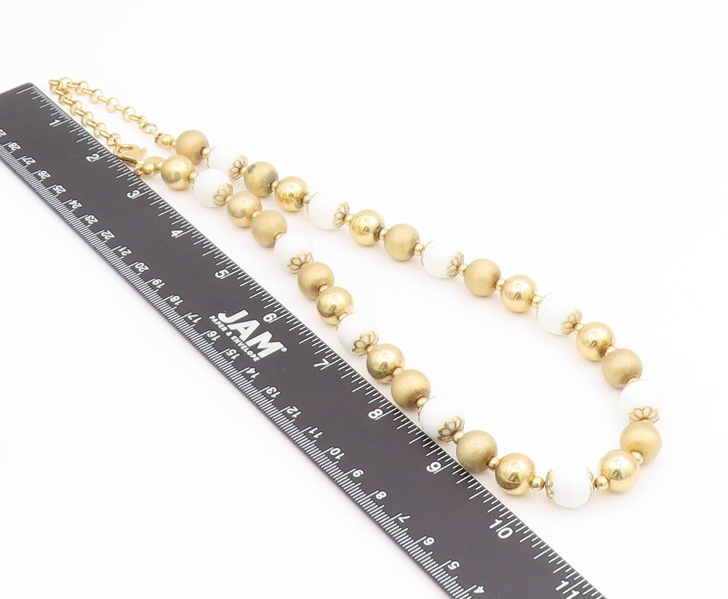925 Sterling Silver Vintage Necklace Gold Plated White Onyx Beaded Chain  NE4731