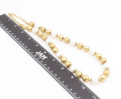 925 Sterling Silver Vintage Necklace Gold Plated White Onyx Beaded Chain  NE4731
