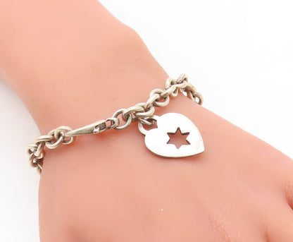 925 Sterling Silver  Vintage Star Cutout Heart Charmed Chain Bracelet  BT2857