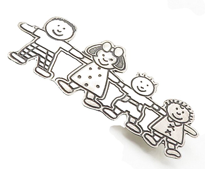 MEXICO 925 Sterling Silver  Vintage Children Holding Hands Brooch Pin  BP3275