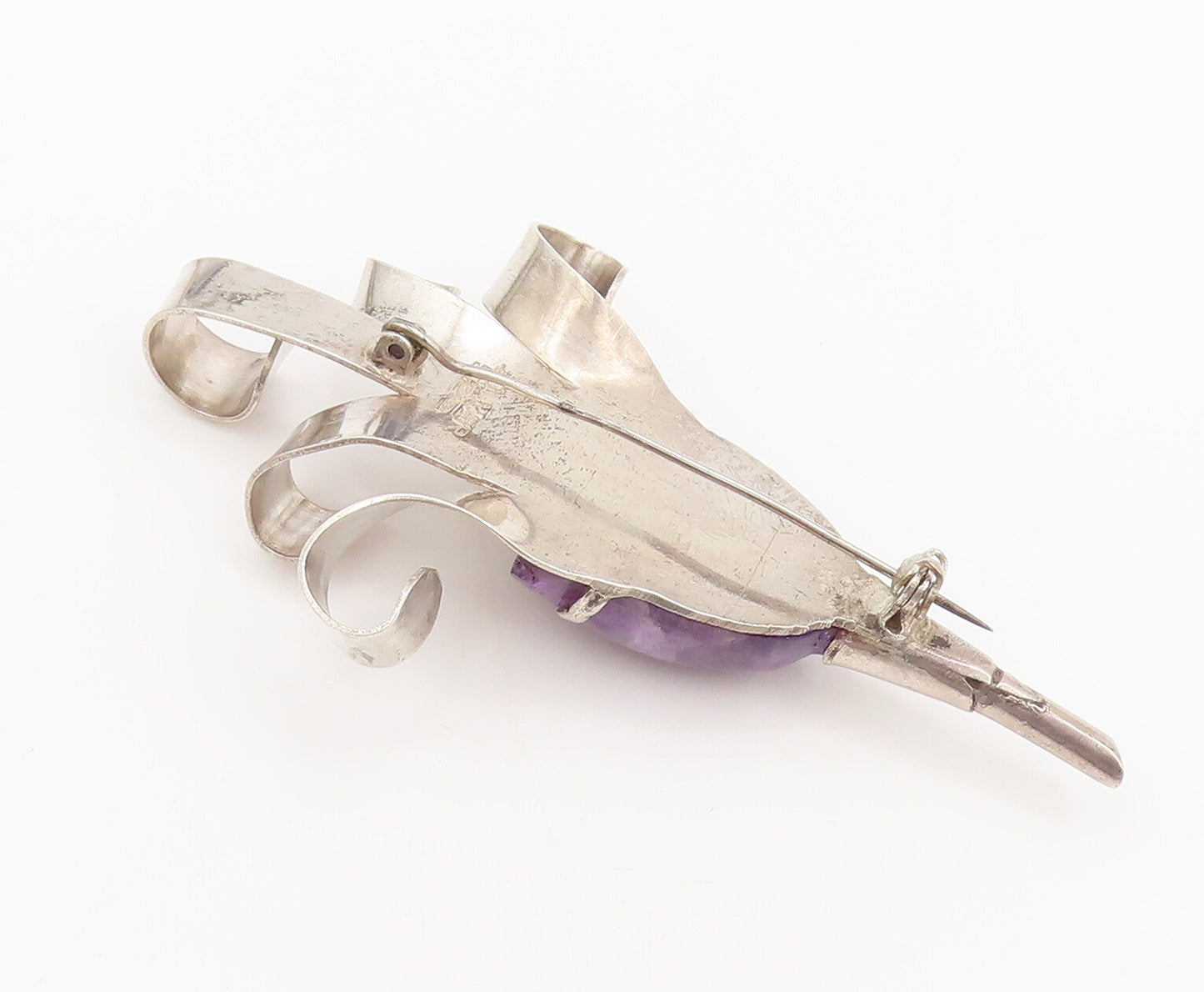 925 Sterling Silver  Vintage Carved 3D Amethyst Flower Brooch Pin  BP10433
