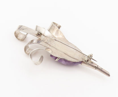 925 Sterling Silver  Vintage Carved 3D Amethyst Flower Brooch Pin  BP10433
