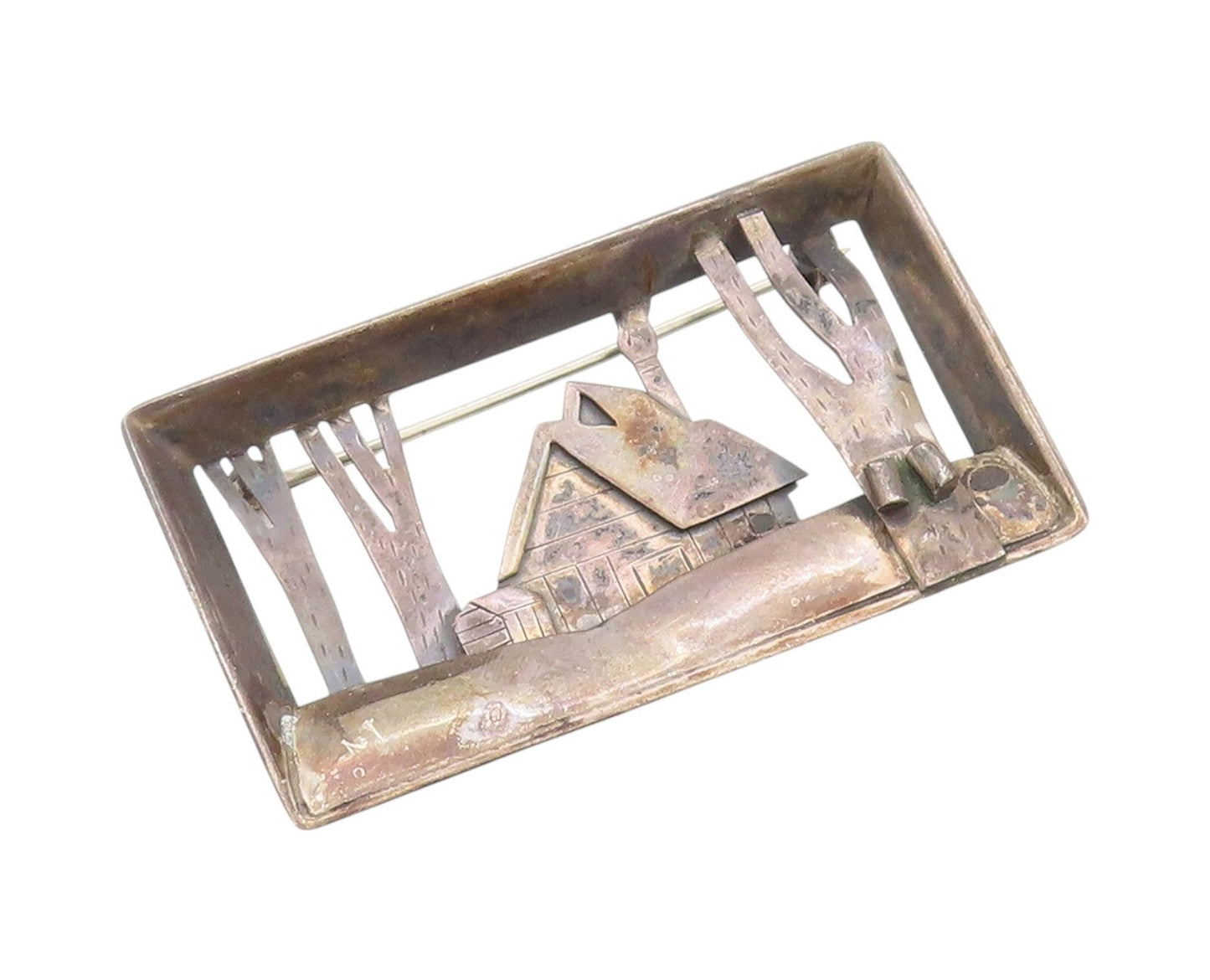 925 Sterling Silver Vintage Brooch Dark Tone House In Woods Cutout  BP11524