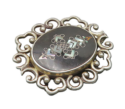 PGG MEXICO 925 Silver  Vintage Inlay Black Onyx & Abalone Brooch Pin  BP9530
