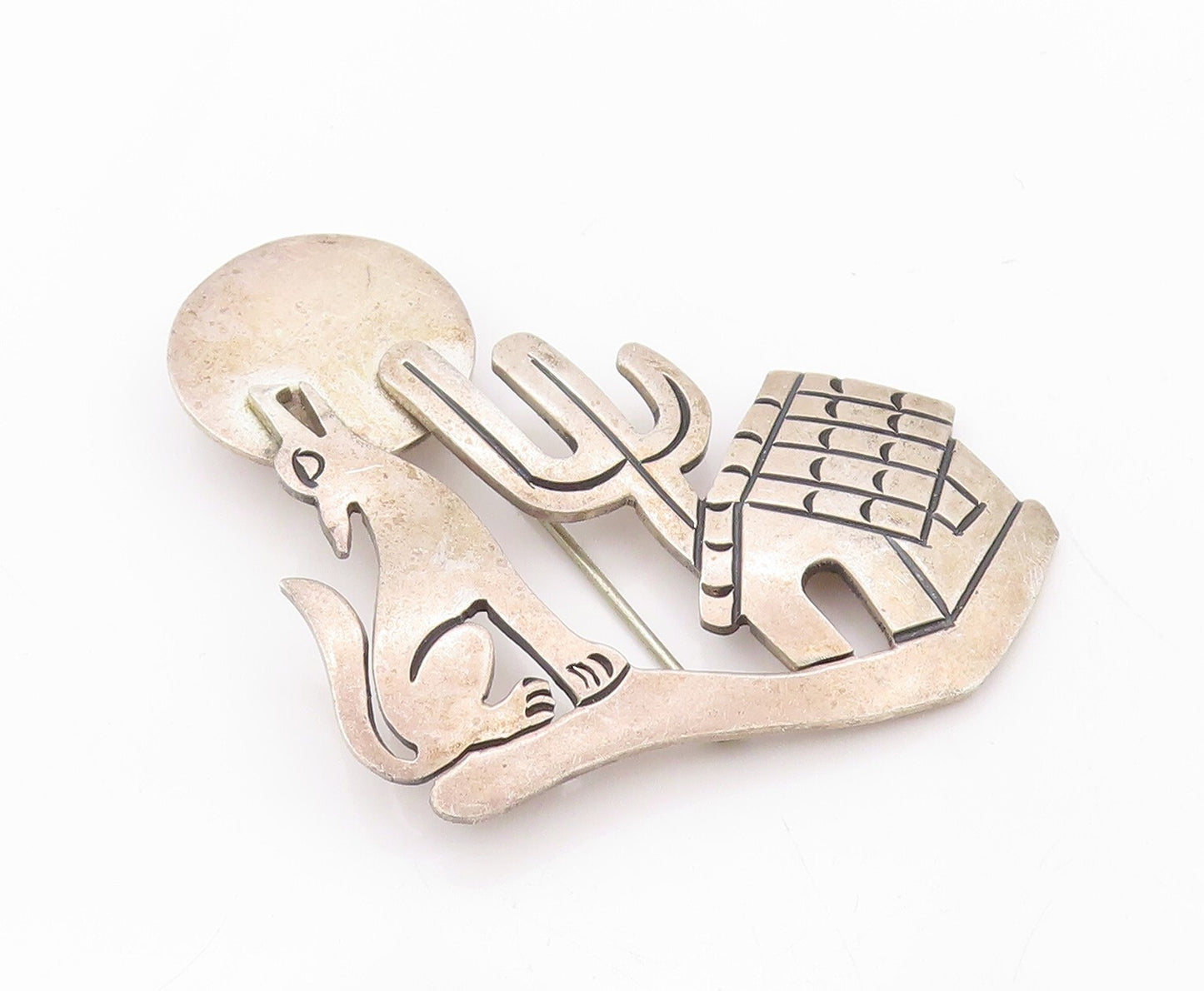 925 Sterling Silver Vintage Brooch Pin MEXICO Howling Wolf On Full Moon  BP11170