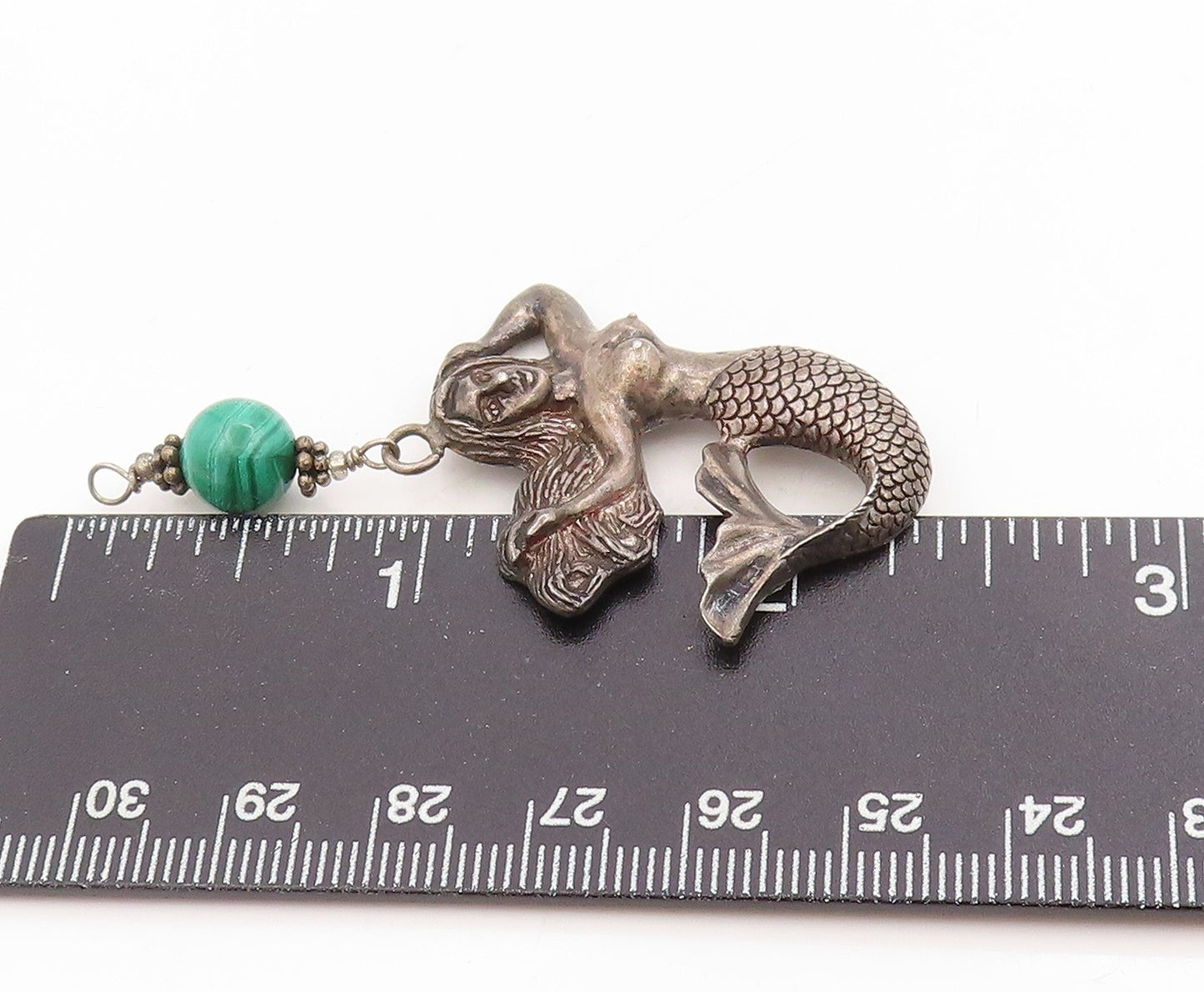 925 Sterling Silver Vintage Pendant Malachite Beaded Mermaid Locket  PT25371