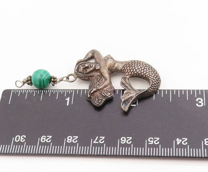 925 Sterling Silver Vintage Pendant Malachite Beaded Mermaid Locket  PT25371