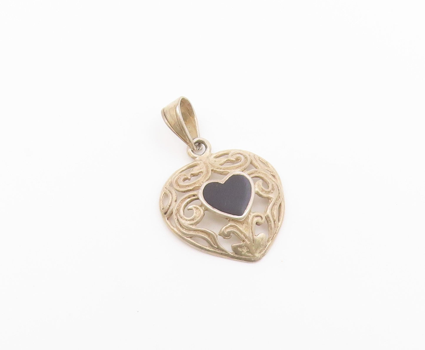 925 Sterling Silver  Vintage Black Onyx Love Heart Swirl Dome Pendant  PT17581