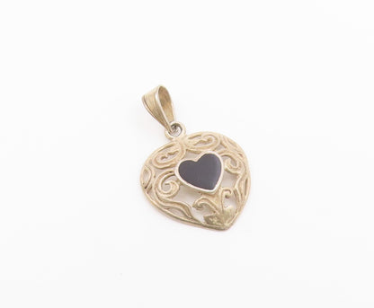 925 Sterling Silver  Vintage Black Onyx Love Heart Swirl Dome Pendant  PT17581