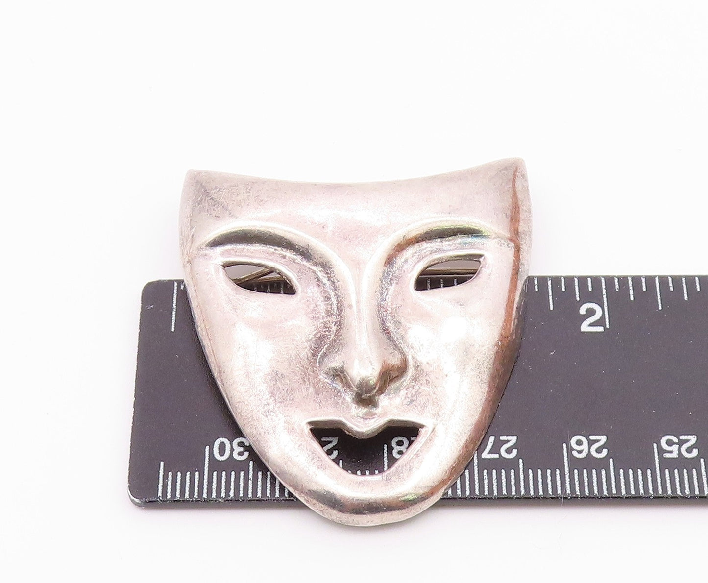 925 Sterling Silver  Vintage Shiny Drama Theater Mask Brooch Pin  BP7882