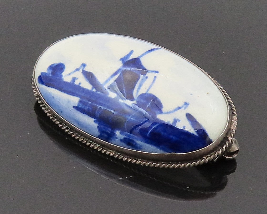 HOLLAND 925 Silver Vintage Delft Blue Porcelain Scenery Brooch Pin  BP10273
