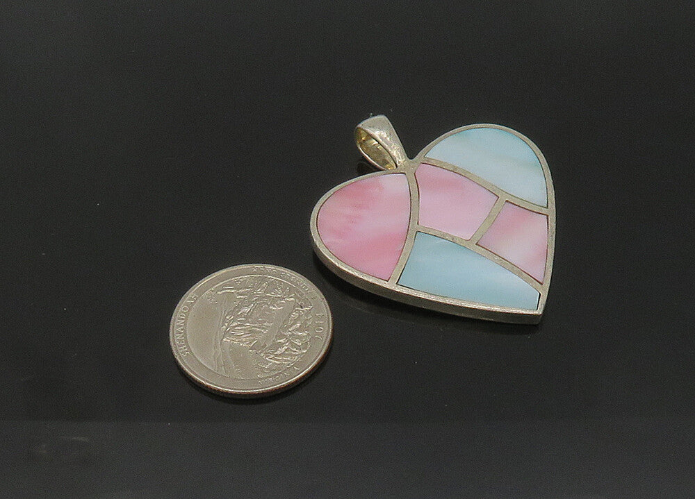 ESPO SIG 925 Silver  Vintage Pink & Blue Mother Of Pearl Heart Pendant PT16970