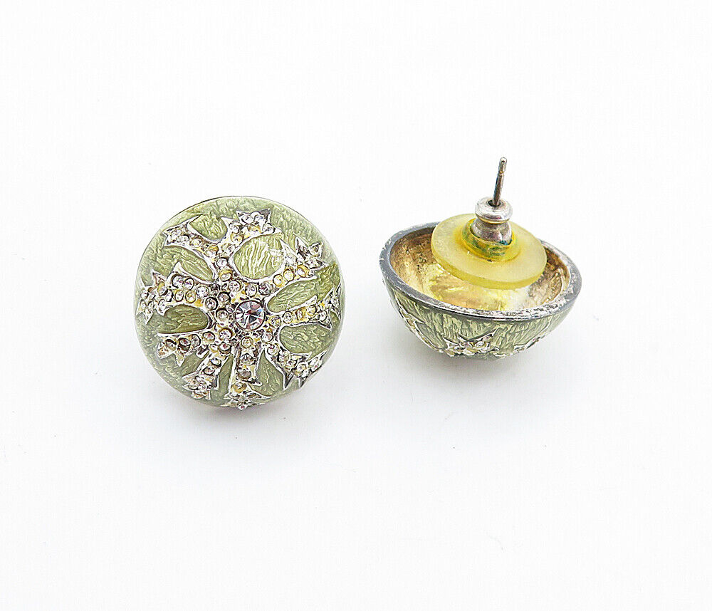 MMA 925 Silver  Vintage Topaz & Enamel Detail Dome Button Drop Earrings EG2819