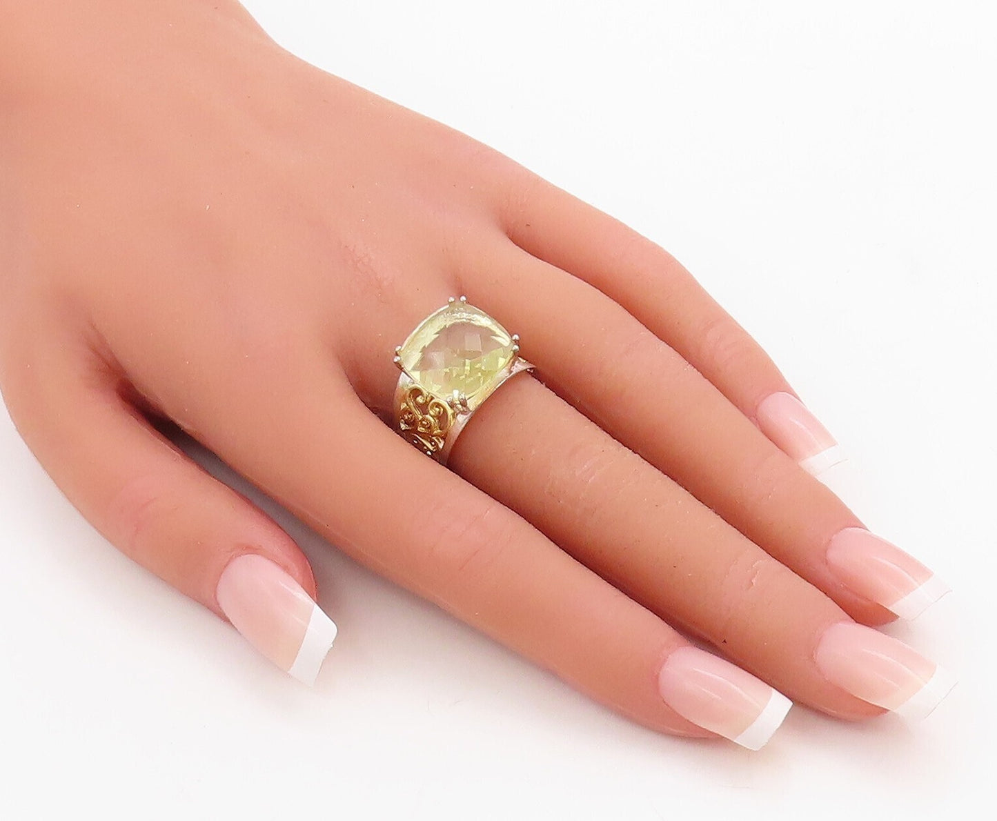 14K Gold 925 Sterling Silver Vintage Ring Swirly Cutout Citrine  Sz 7  RG30950