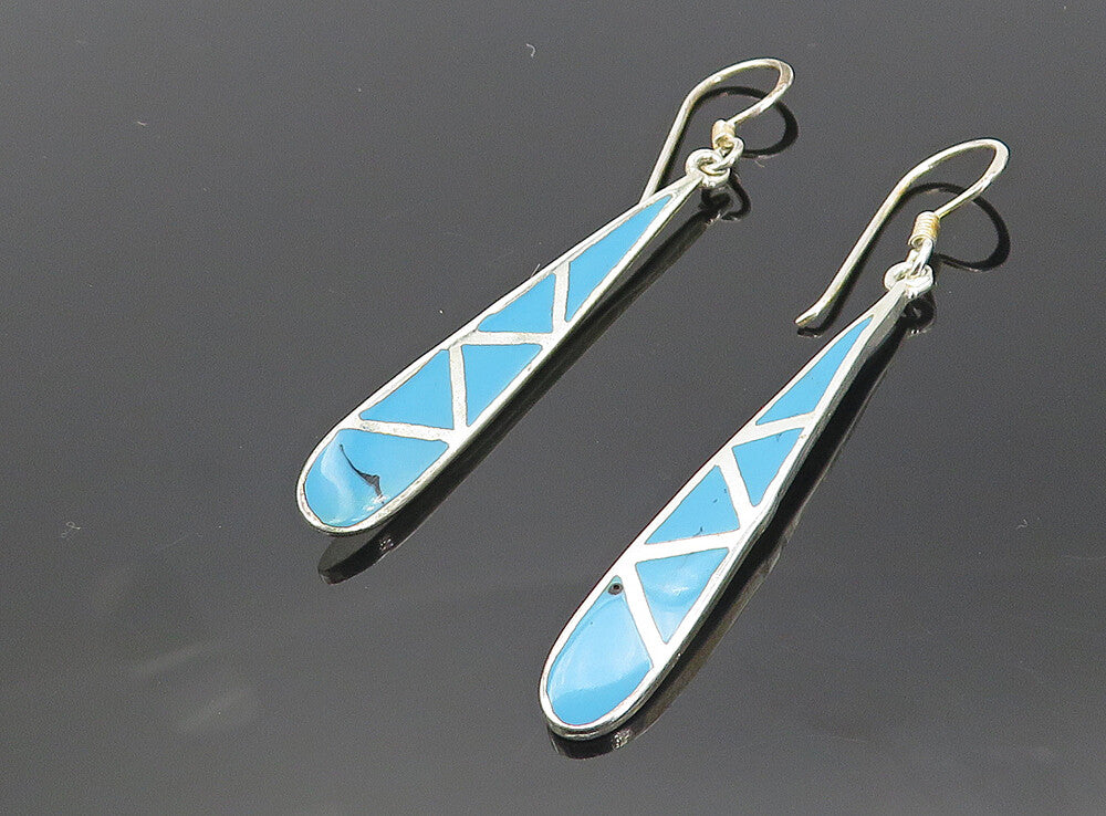925 Sterling Silver Inlaid Turquoise Pattern Shiny Tear Drop Earrings EG3920