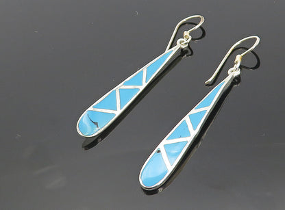 925 Sterling Silver Inlaid Turquoise Pattern Shiny Tear Drop Earrings EG3920