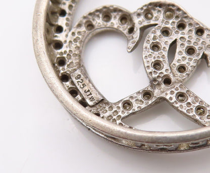 925 Sterling Silver Vintage Pendant Real Diamonds Inlay Cutout Hearts  PT24263