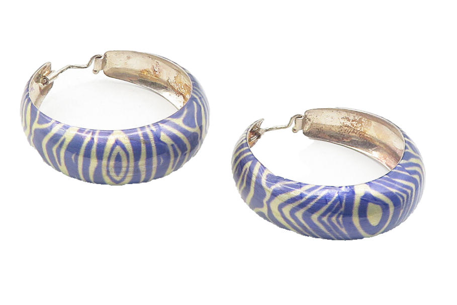925 Sterling Silver  Vintage Enamel Coated Design Round Hoop Earrings  EG6244