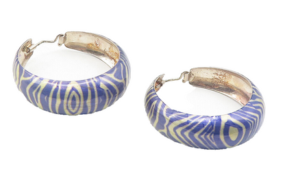 925 Sterling Silver  Vintage Enamel Coated Design Round Hoop Earrings  EG6244