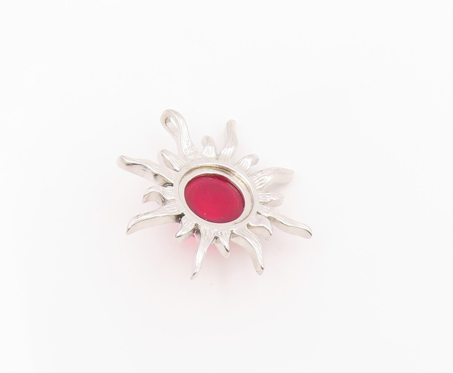 925 Sterling Silver Vintage Pendant Cabochon Ruby Sunburst Cutout Charm  PT26256