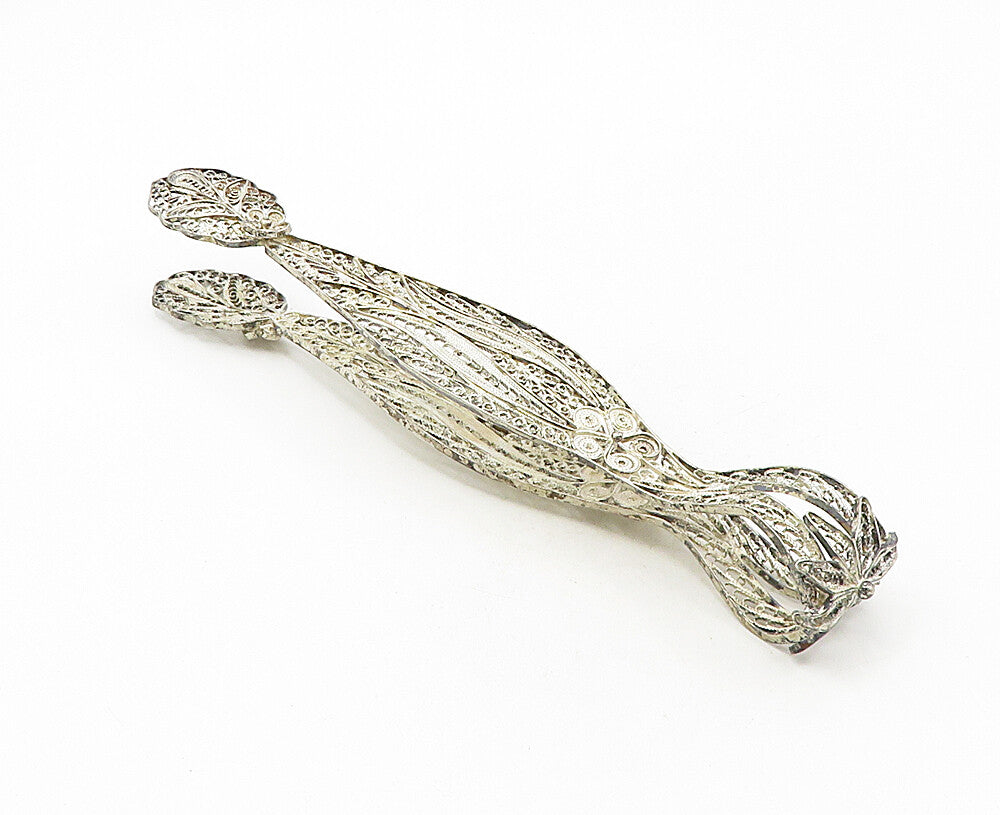 925 Sterling Silver  Vintage Antique Floral Swirl Filigree Tongs  TR1591
