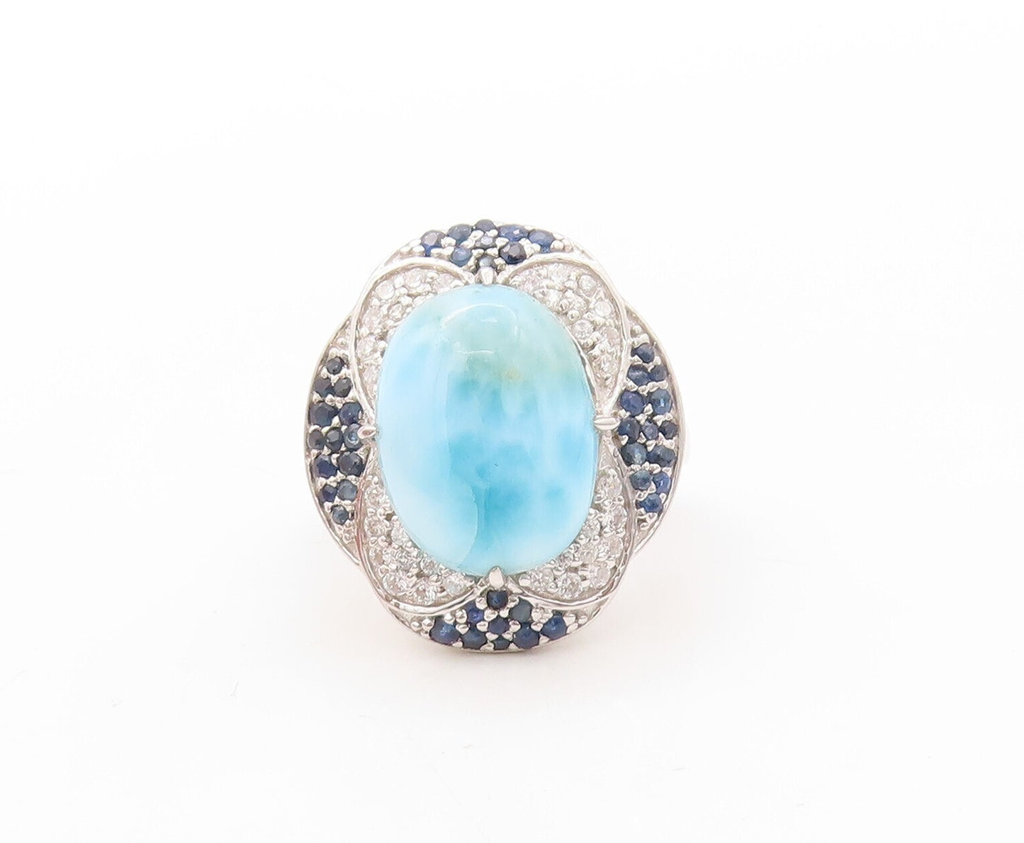 925 Sterling Silver Vintage Ring Larimar Halo Sapphire & Topaz  Sz 7 RG30844