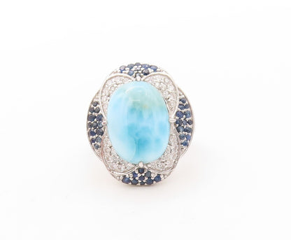 925 Sterling Silver Vintage Ring Larimar Halo Sapphire & Topaz  Sz 7 RG30844