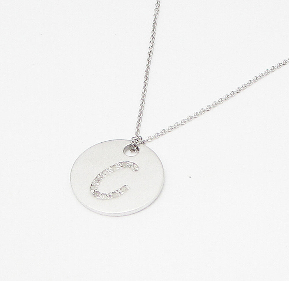 925 Sterling Silver  .10ctw Genuine Diamonds C Initial Pendant & Chain  PT2454