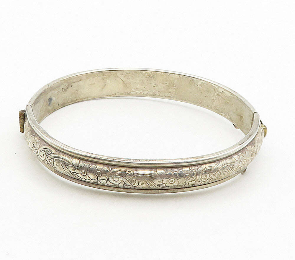 925 Sterling Silver  Vintage Floral Vine Motif Hinge Bangle Bracelet  BT6172