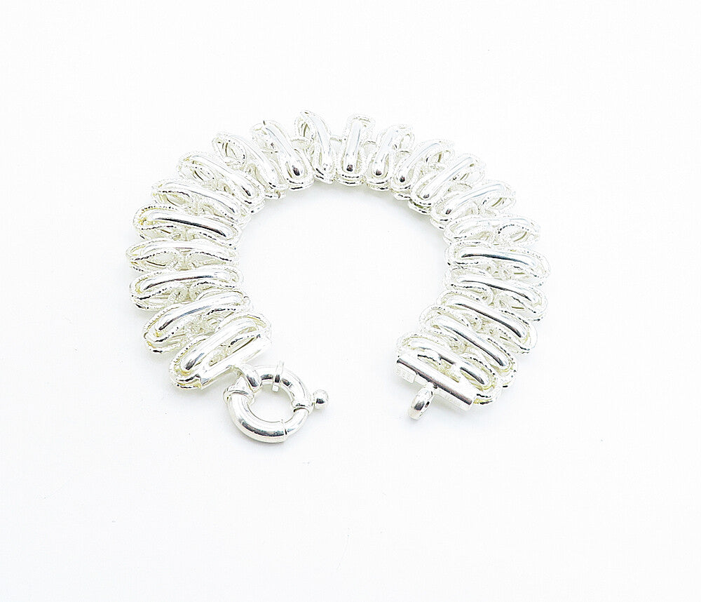 925 Sterling Silver  Shiny Polished Textured Link Chain Bracelet  BT2273