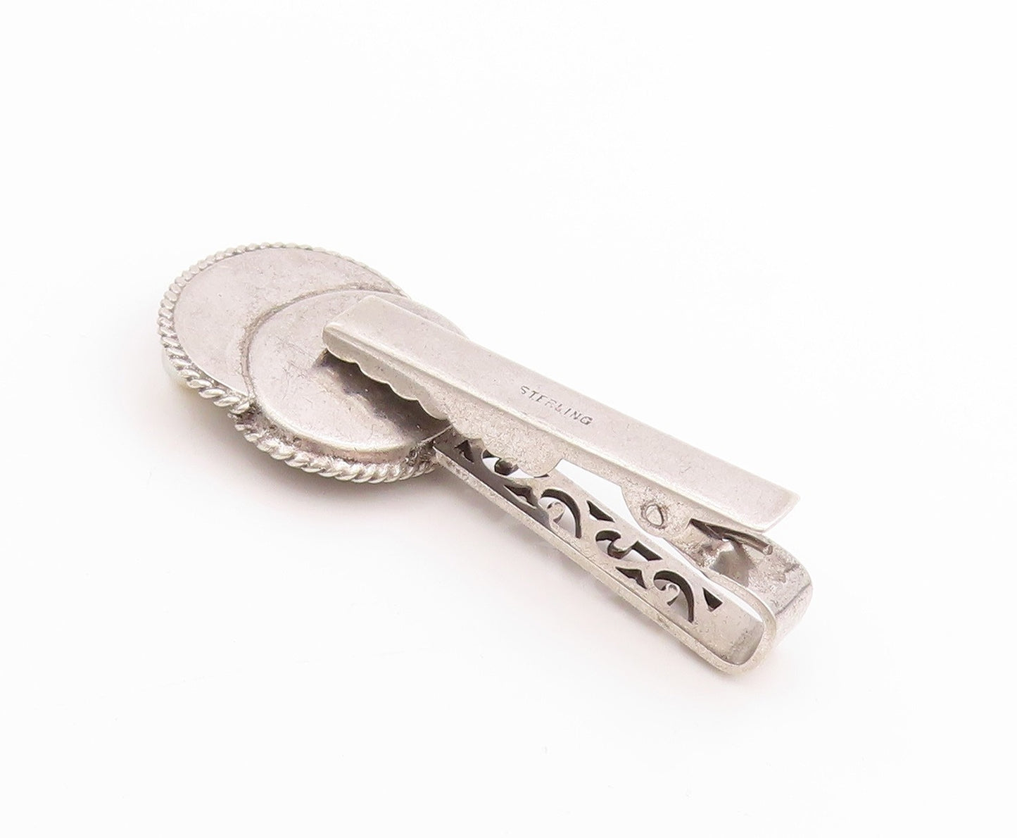 925 Sterling Silver Vintage Tie Clip Pearl Japanese Floral Swirly Design  TR4020