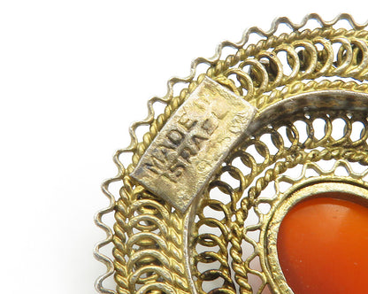 ISRAEL 925 Sterling Silver  Vintage Cabochon Cut Carnelian Brooch Pin  BP5748